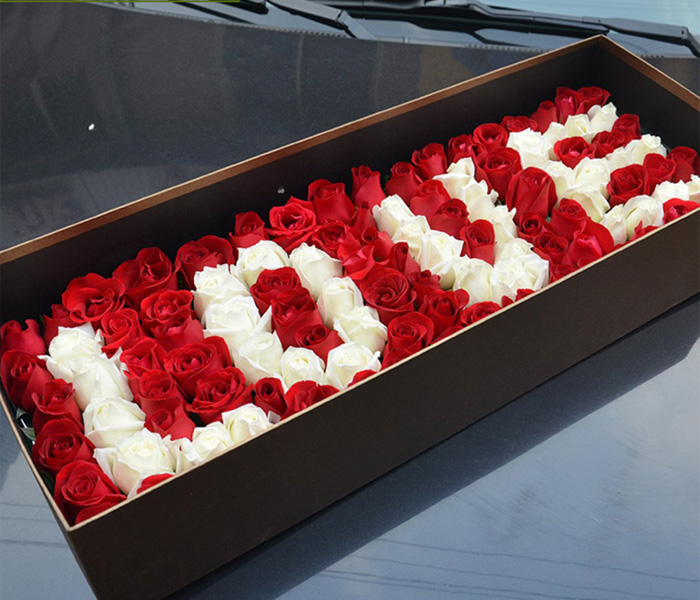 99朵玫瑰，如图用白玫瑰做成“LOVE”字样。