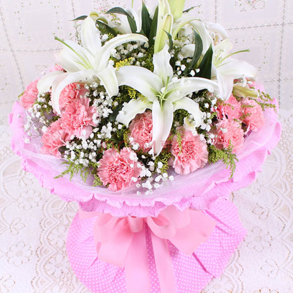 19朵粉康2支百合a款 19朵粉色康乃馨 2支香水百合 搭配黄莺满天星 全国送货上门优惠价格 315元 百花园鲜花速递